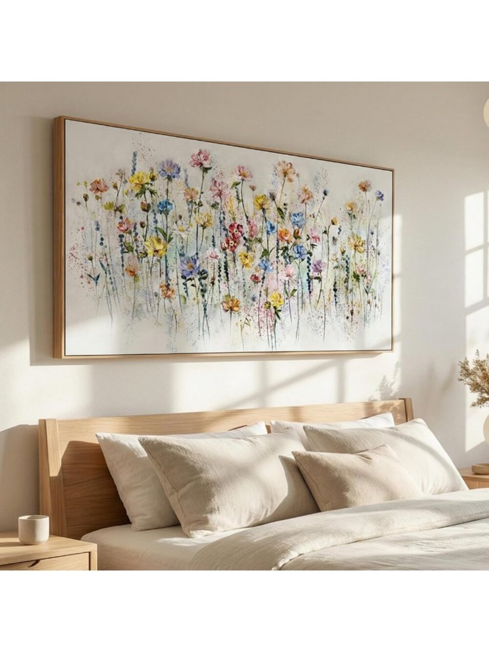 Framed Floral Wall Art Canvas Print - Abstract Wildflowers in Pink & Blue, 24x48